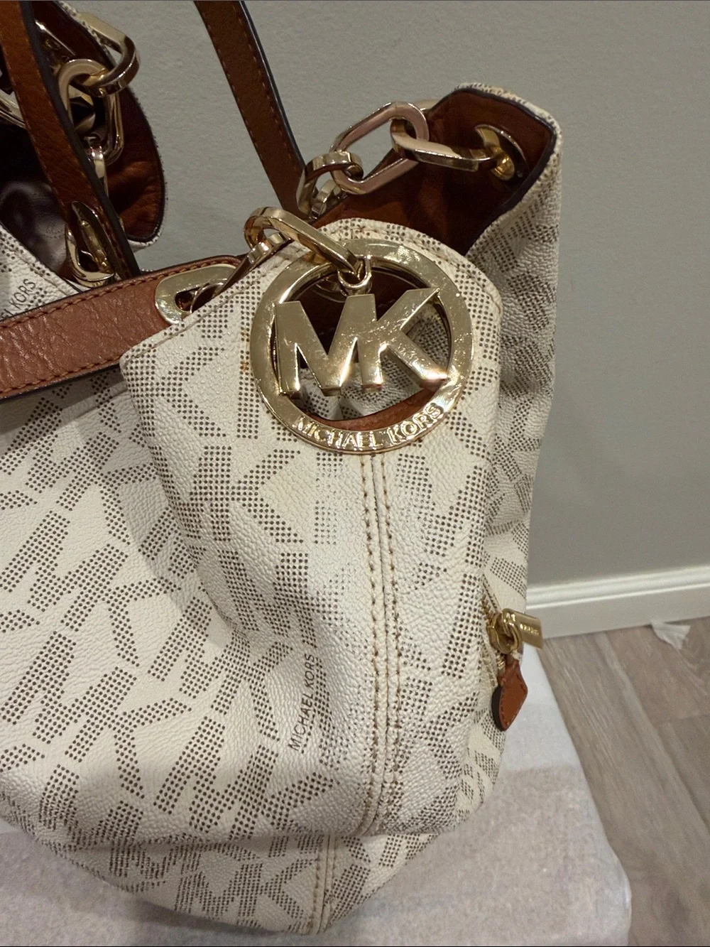 Michael Kors Cream MK Logo Hobo with Gold Hardware and Tan Handles